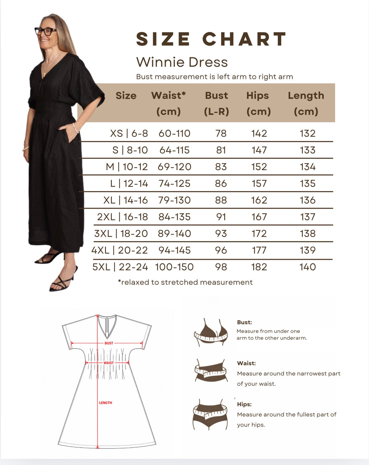 Winnie dress size chart