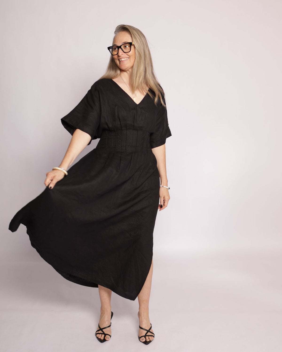Winnie black linen maxi dress – full length, skirt in movement
