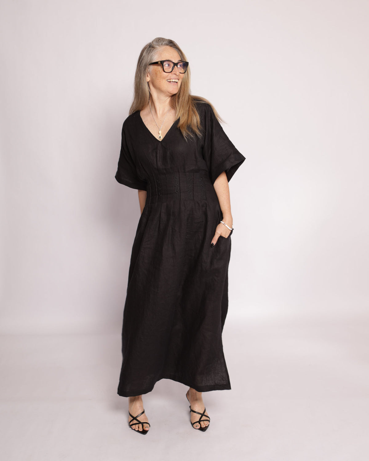 Winnie black linen maxi dress – full length front view