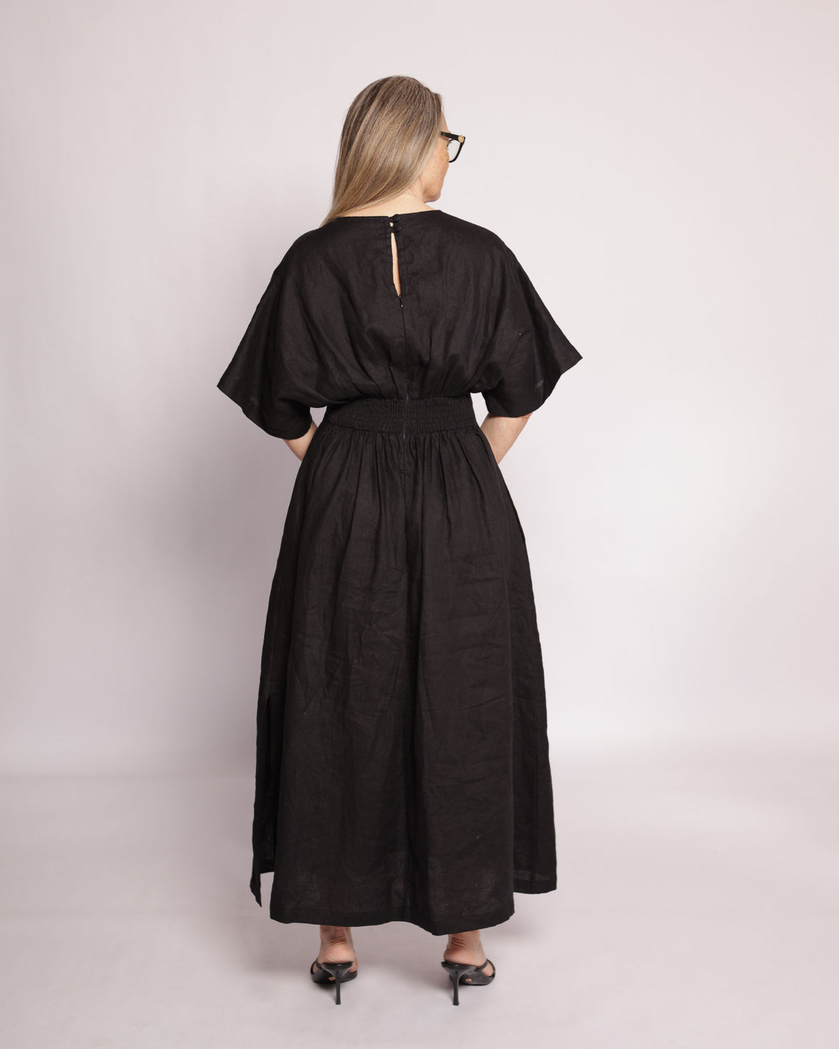 Winnie black linen maxi dress – full length back view