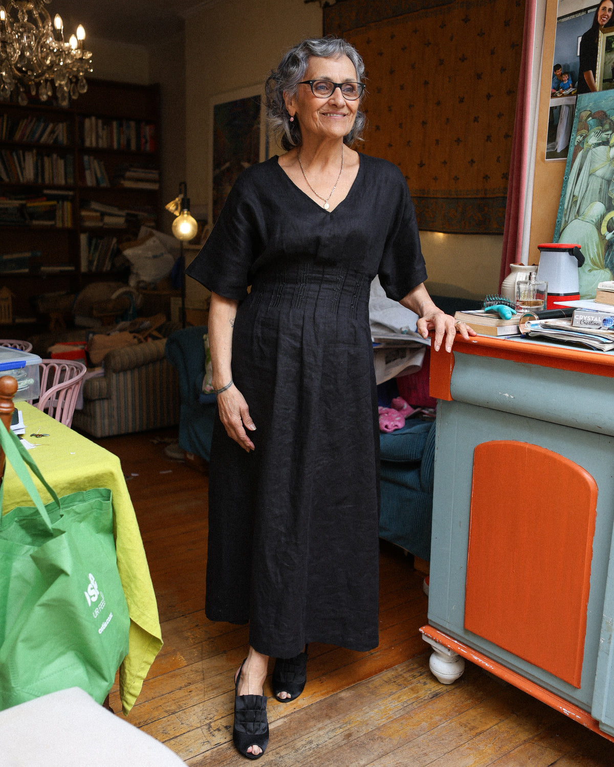 Winnie black linen maxi dress worn indoors
